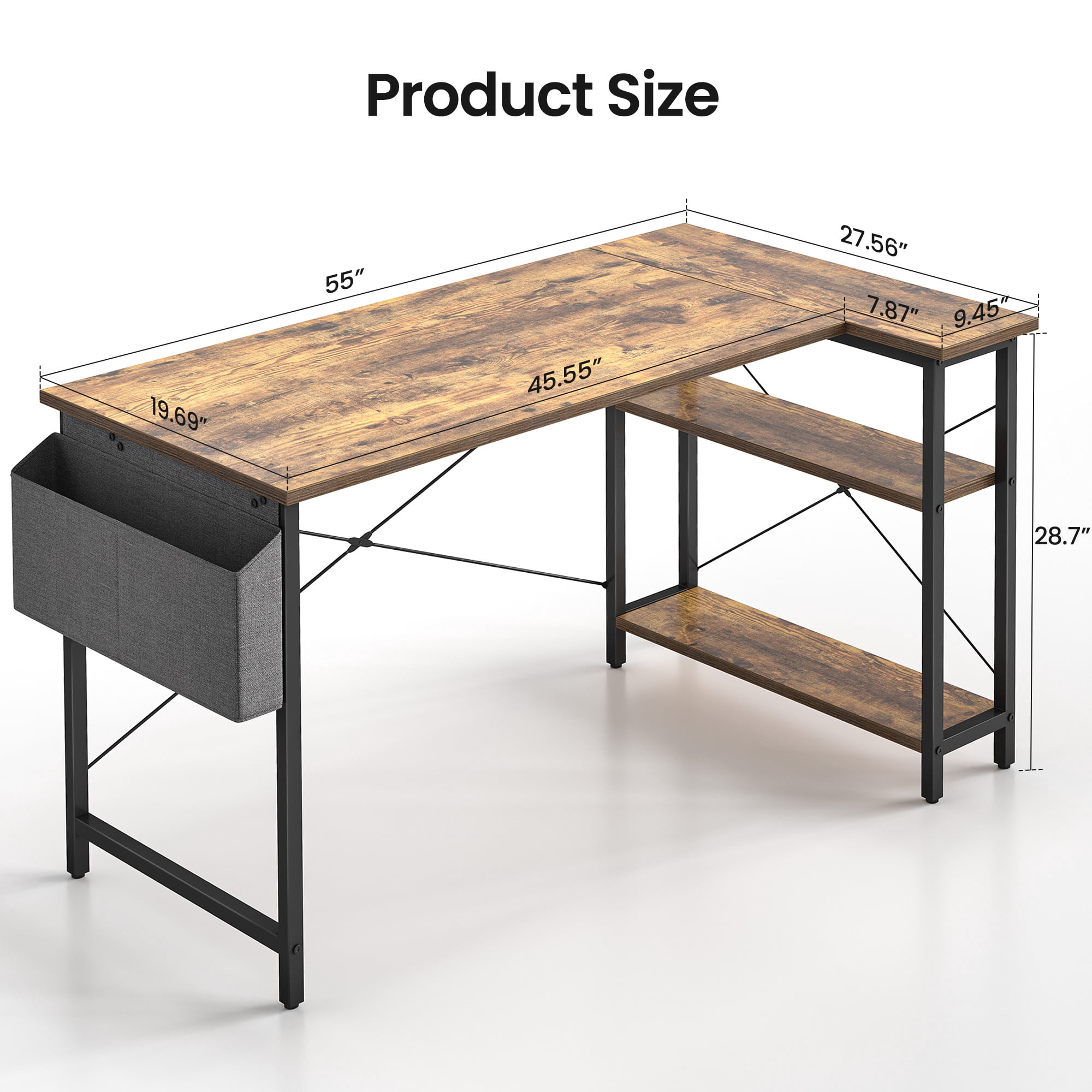 DESINO 55 Inch L-Shaped Computer Desk with Storage Shelves Home Office Corner Desk Study Writing Table, Rustic Brown