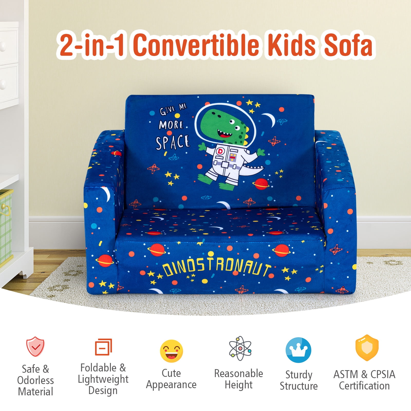 Infans 2-in-1 Convertible Kids Sofa to Lounger Flip-Out Chair w/Storage Pocket