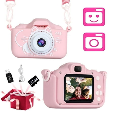 Kids Selfie Camera, Christmas Birthday Gifts for Boys Girls Age 3-10, 20MP Digital Cat Kitty Cameras for Toddler Children Toy with 32GB SD Card Pink
