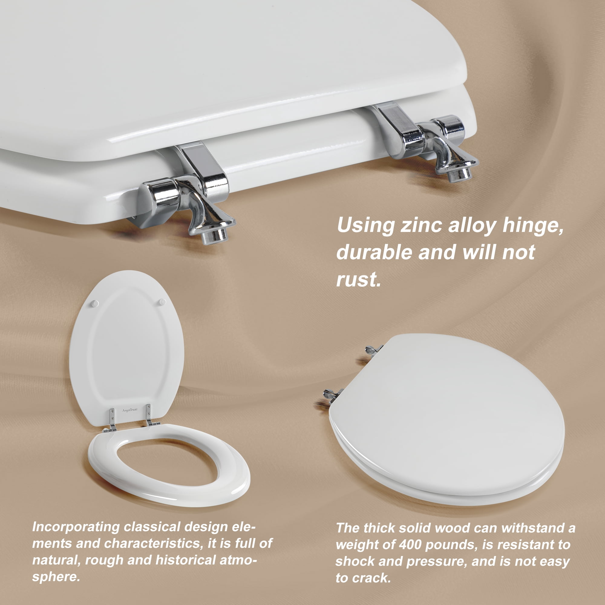 Angol Shiold Wood Elongated Toilet Seat, White Toilet Seat, Easy Clean, Metal Hinges ( Elongated 18.5'', White )