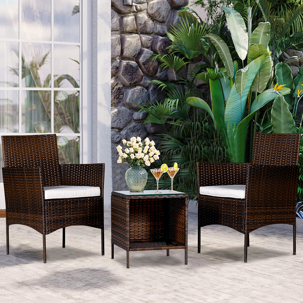 Outdoor Conversation Sets, 3 Piece Wicker Patio Set with Glass Coffee Table, Upgraded Modern Bistro Patio Set Rattan Patio Furniture Sets with Beige Cushions for Backyard Deck Garden Pool, L5633 - image 1 of 10