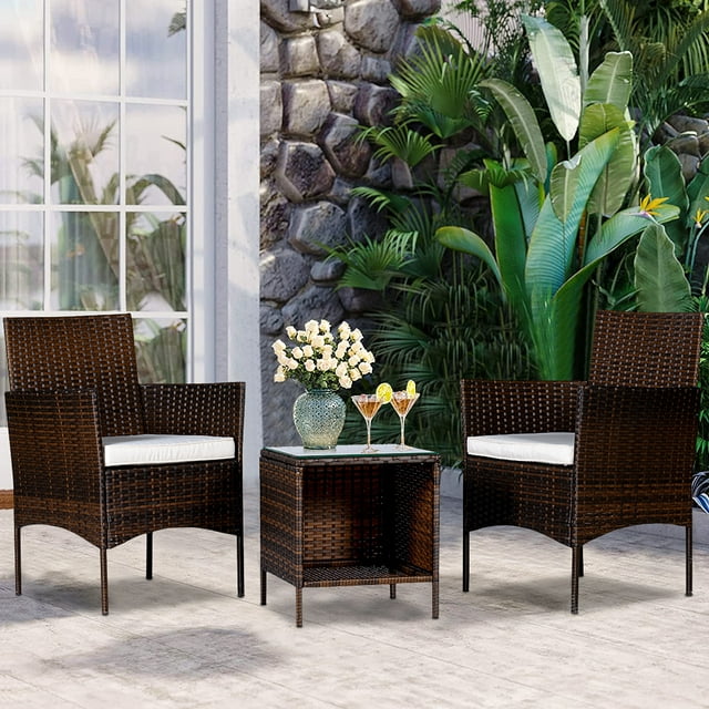 Outdoor Conversation Sets, 3 Piece Wicker Patio Set with Glass Coffee Table, Upgraded Modern Bistro Patio Set Rattan Patio Furniture Sets with Beige Cushions for Backyard Deck Garden Pool, L5633