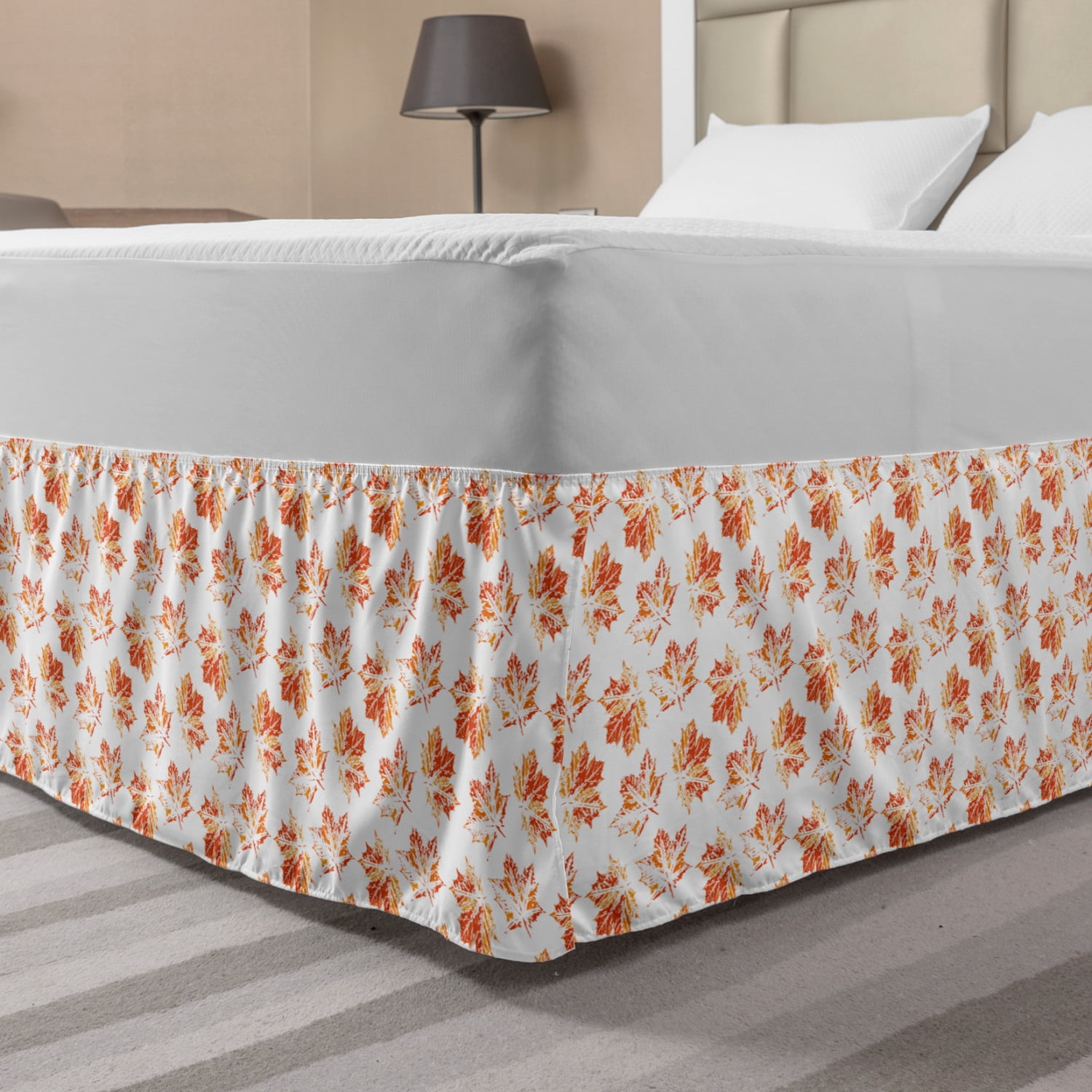 Orange Bed Skirt, Autumn Pattern with Repeating Leaves in