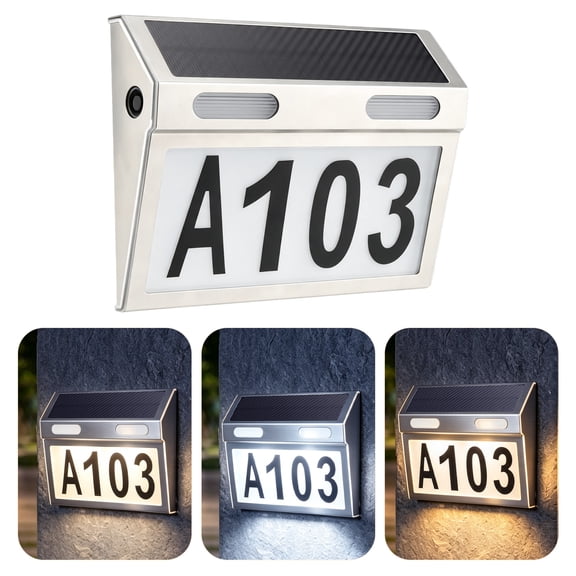 Qianwei Solar Address Sign, Lighted Address Plaque Outdoor Waterproof, Stainless steel Wall Mounted, 3-Color Adjustable, Illuminated Address Numbers