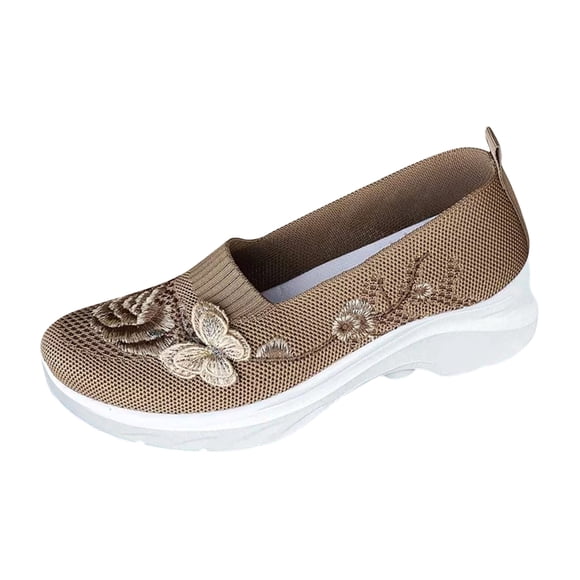 Commforr Work Shoes Women, Slip On Sneakers Women, Womens Breathable Knit Slip-on Walking Shoes Embroidered Slip on Sneakers Lightweight Comfortable Orthopedics Walking Shoe, Khaki, 7