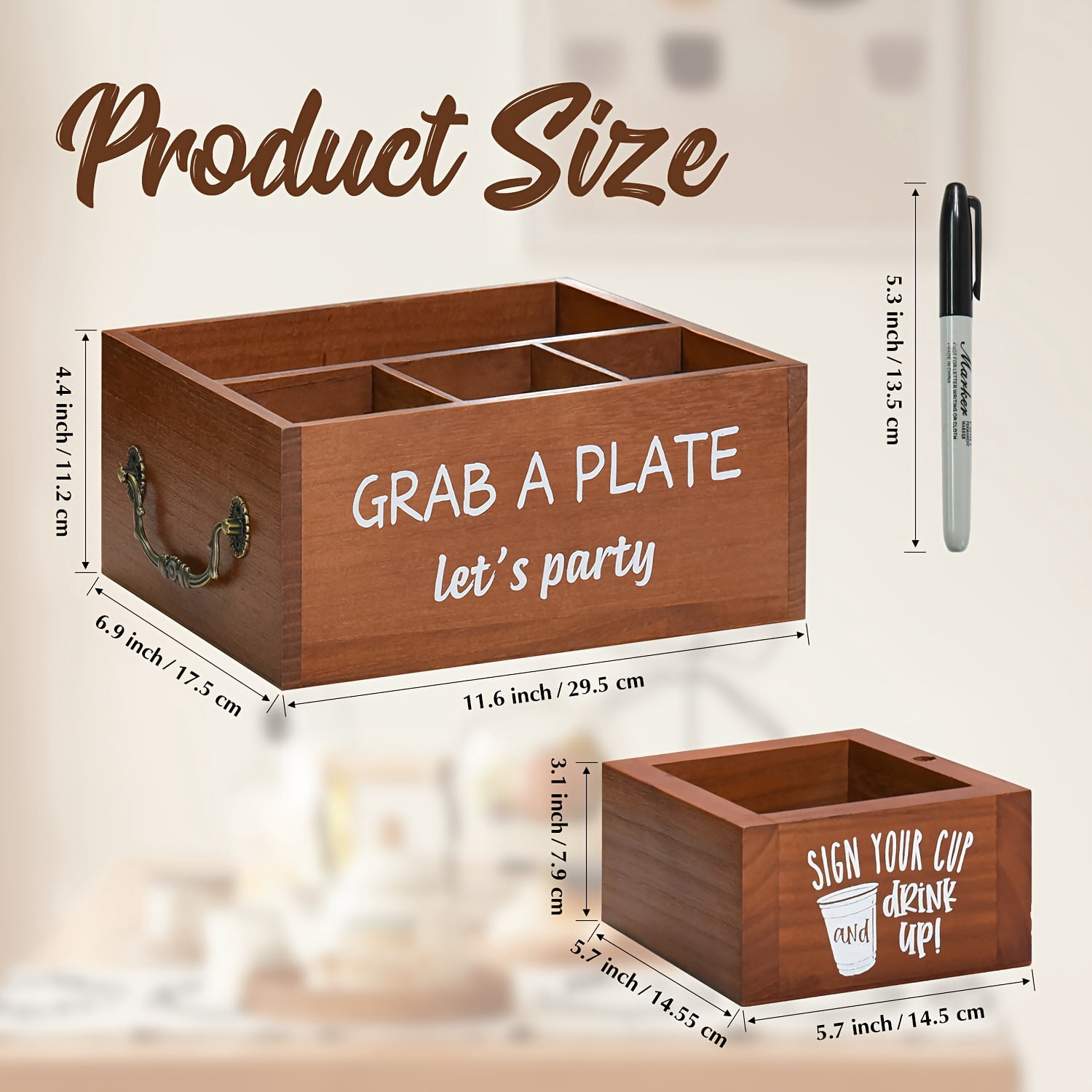 Farmhouse Wooden Paper Plate Dispenser with 1 Cup Holder - 4-Compartment Utensil Caddy for Parties-Brown