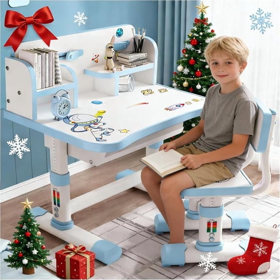 YNCE Kids Functional Desk and Chair Set, Height Adjustable Children School Study Table Chair, Large Writing Board Widened Desktop Book Bucket Bookshelf, Study Furniture Gift Ages 3-18