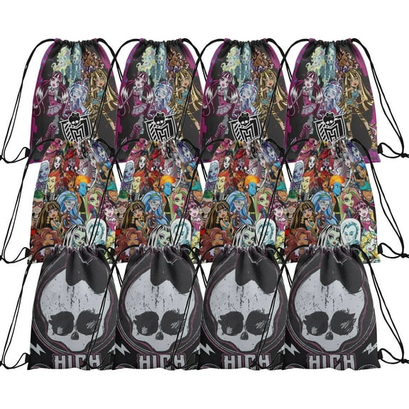 SALQGBUW Monster High 12 Pack Drawstring Candy Bags – Fun Cartoon Party Favor Bags for Birthday, Celebrations, Gift Giving, and Everyday Surprises(10.6 x 13.3 Inch)