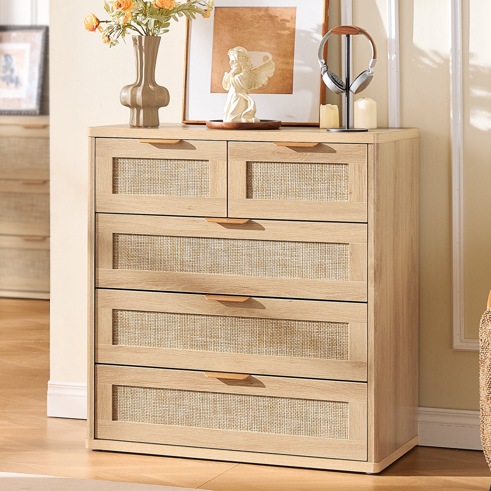 Upright Dresser for Bedroom Set of 2, Chest of Drawers, Modern 5 Drawers Boho Rattan Dressers with Storage, Dresser Natural Wood Closet Organizer for Living Room