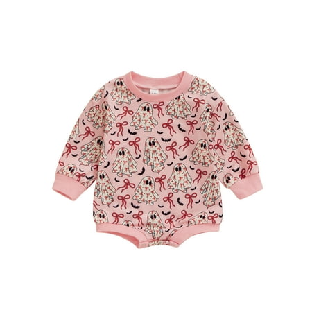 

Woshilaocai Baby Girls Halloween Romper Bow Ghost Print Long Sleeve Jumpsuits