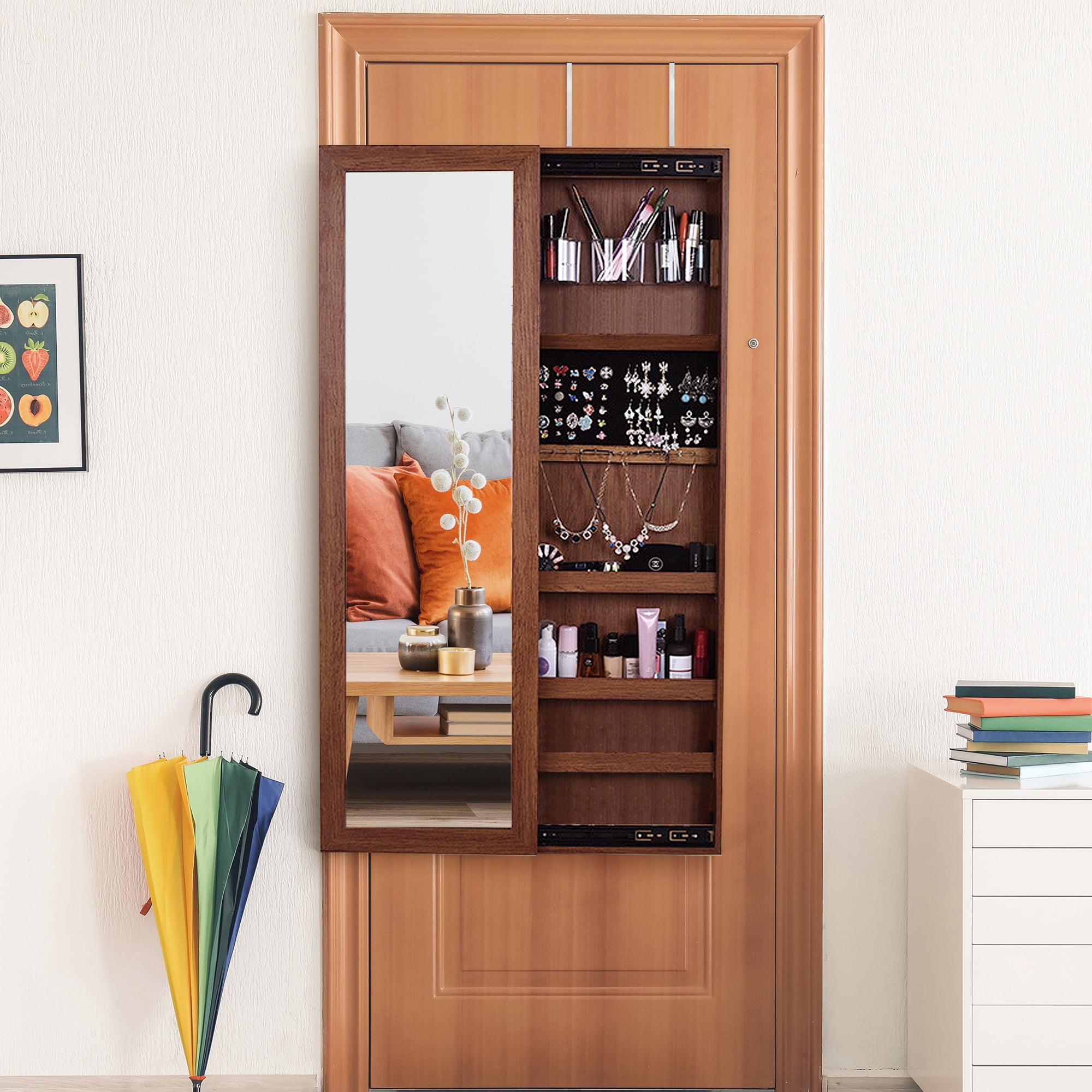 Over-The-Door Mirror, Lockable Jewelry Cabinet Armoire, Brown by Boho