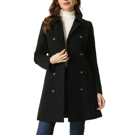 Unique Bargains Winter Coat for Women s Peter Pan Collar Double Breasted Slant Pocket Button Down Belted Pea Coats Black M Walmart