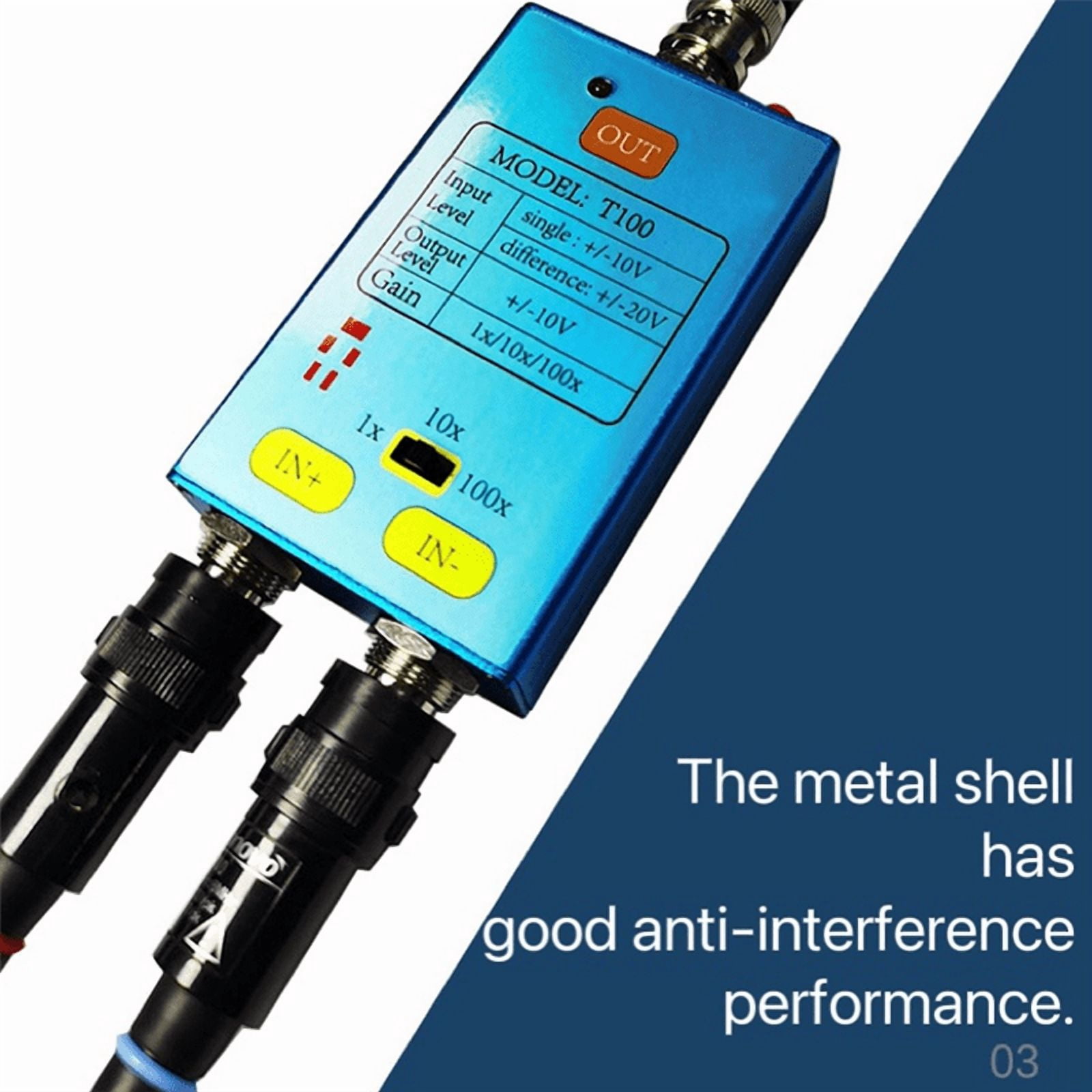 10M Bandwidth Oscilloscope Differential Gain Split Probes Weak Electrical Signal Measurement Tool 100X Signals Amplifier,1 x Host 1 x 0.5m BNC Straight Cable 1 x BNC Shorting Cap,Blue