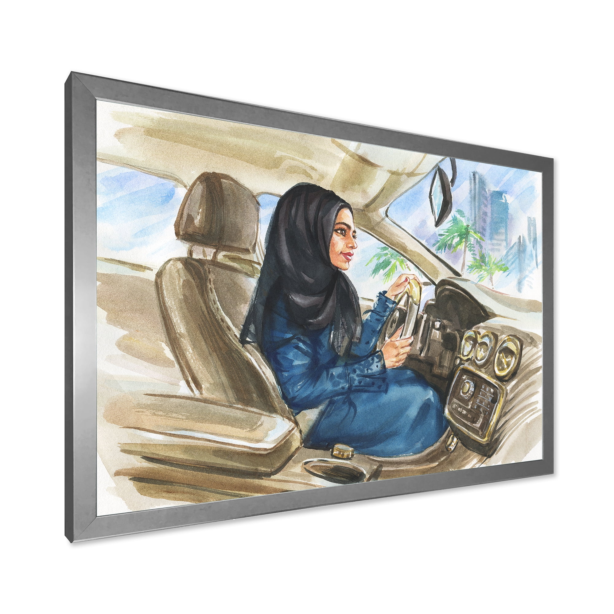 Designart 'Arabian Lady Driving A Car I' Modern Framed Art Print