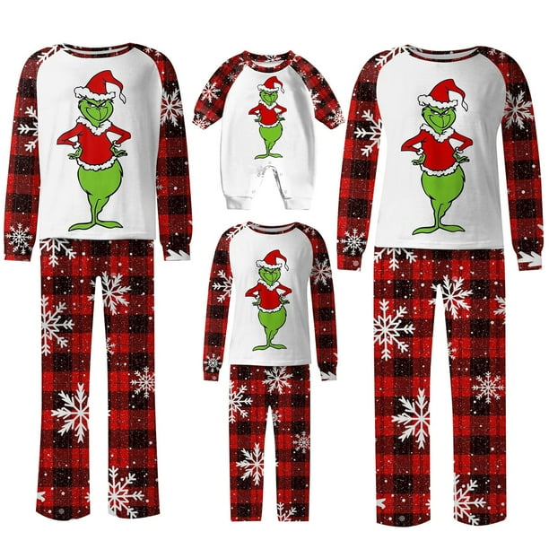 Conjuntos de pijamas navideños familiares a juego Grinch 2024, pijama de Grinch con parte superior y pantalones de pijama a cuadros, pijama de Grinch para niños y adultos para la familia, 9 Meses
