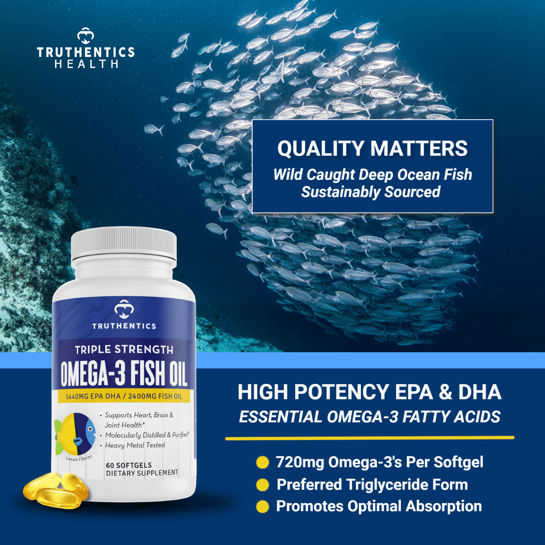 Truthentics Omega 3 Fish Oil 2400 mg - Triple Strength - 100% Pure - Sea-Harvested - High EPA DHA Omega Fatty Acids - 60 Lemon Softgels