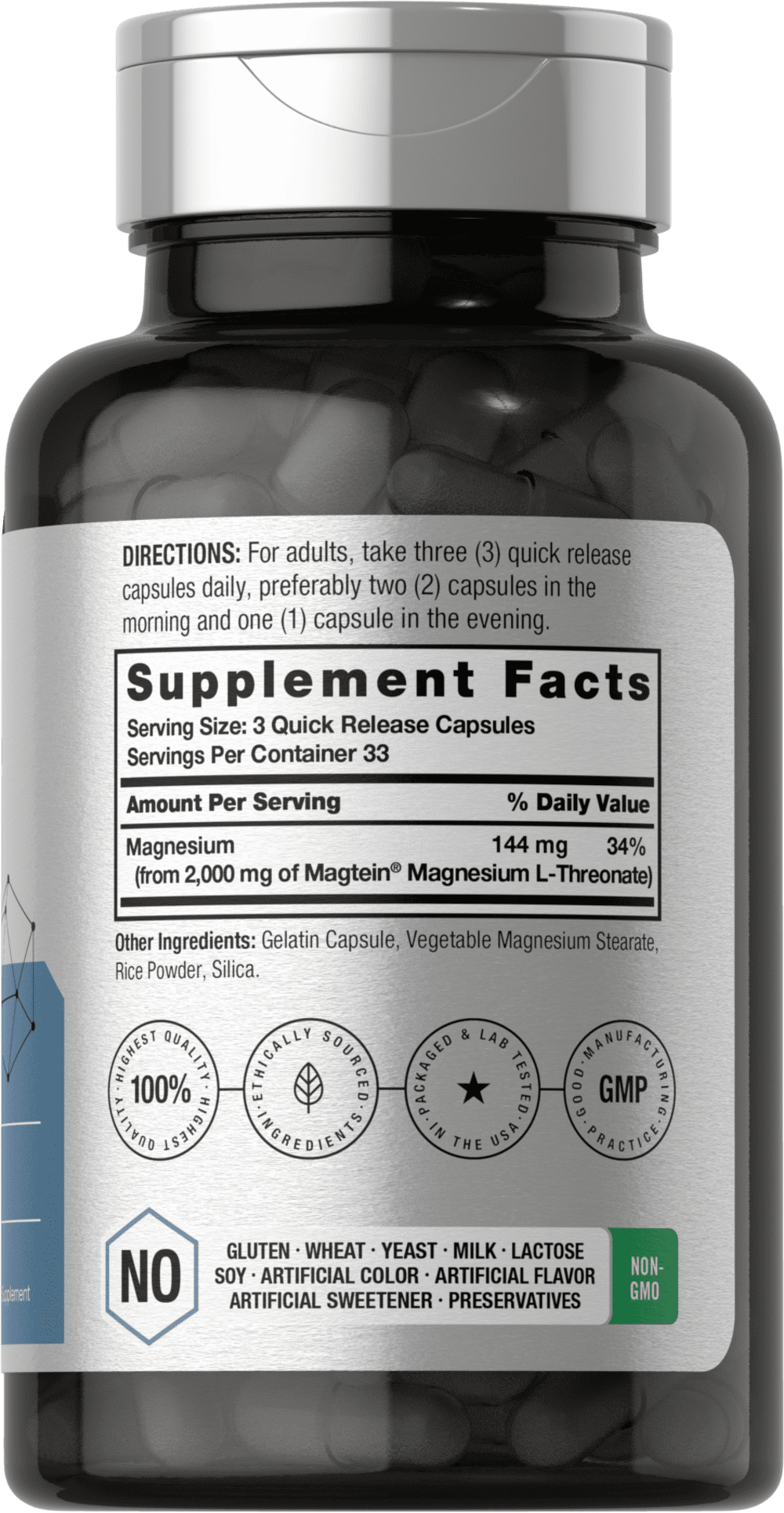 Magtein Magnesium L-Threonate Supplement for Men and Women | 2000mg | 100 Capsules | by Horbaach