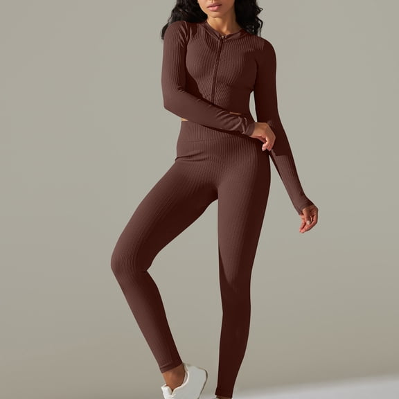 Frostluinai Womens Sweatsuits 2 Piece Set Yoga Workout Sets Long Sleeve Zip Up Crop Tops High Waist Butt Lifting Leggings Solid Sport Sets