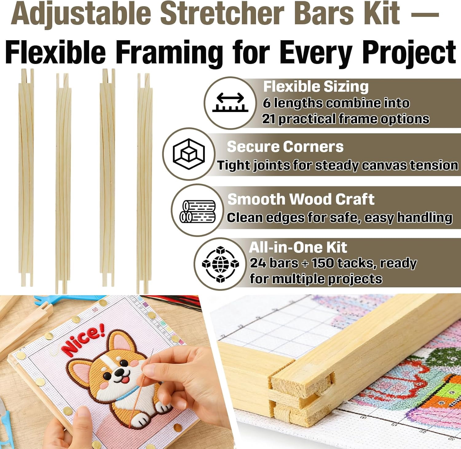 24pcs Needlepoint Stretcher Bars Kit – Canvas Frames for 6/8/10/12/14/16 Inch, Combine to Create 21 Frame Sizes, Includes 150 Thumb Tacks, Wood Frames for Painting, Embroidery, Needlework, Posters