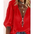 thumbnail image 3 of Sherrylily Women V-Neck Lantern Sleeve Shirts Zipper Design Loose Casual Top, 3 of 4