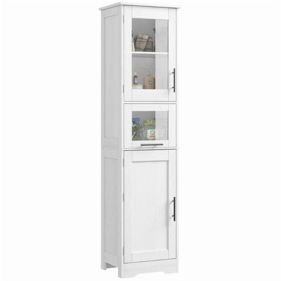 Slim Space-Saving Tall Bathroom Storage Cabinet – Freestanding Cupboard with Adjustable Shelves, Glass Doors – Ideal for Bathroom, Kitchen, Hallway – Durable MDF, Modern Design