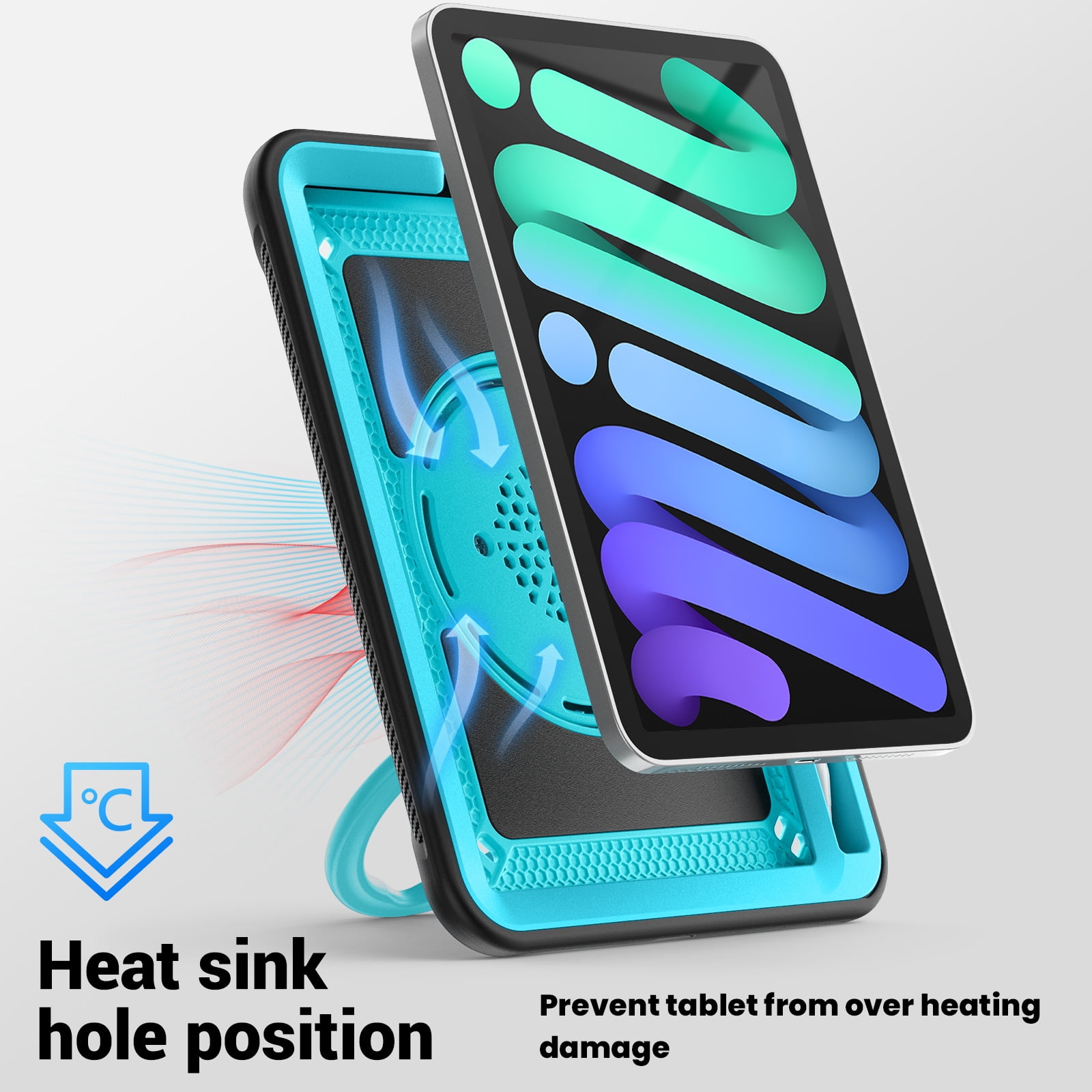 Shockproof Case for Apple iPad Mini 6th 7th Generation 8.3 Inch, Rugged Hybrid Protective Cover with Pencil Holder & Shoulder Strap Kids Friendly Rotating Kickstand Case for iPad Mini 6 7,Lightblue
