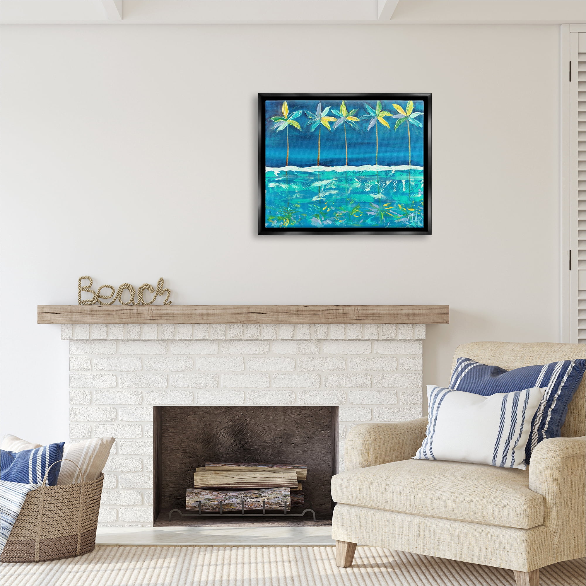Stupell Industries Blue Abstract Palms Landscape Painting Black Floater Framed Canvas Art Print Wall Art, 31 x 25