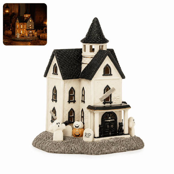 Light Up Halloween Haunted House Figurine, Resin Village Manor Decor, 8 x 6 in, White, for Mantel Shelf Tabletop