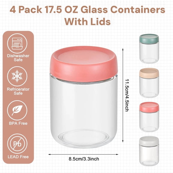 VioCloud 4 Pack 17.5 oz Glass Overnight Oats Containers with Lids, Leakproof Mason Jars for Breakfast Yogurt Cereal and Cereals Milk Dressing Sauce