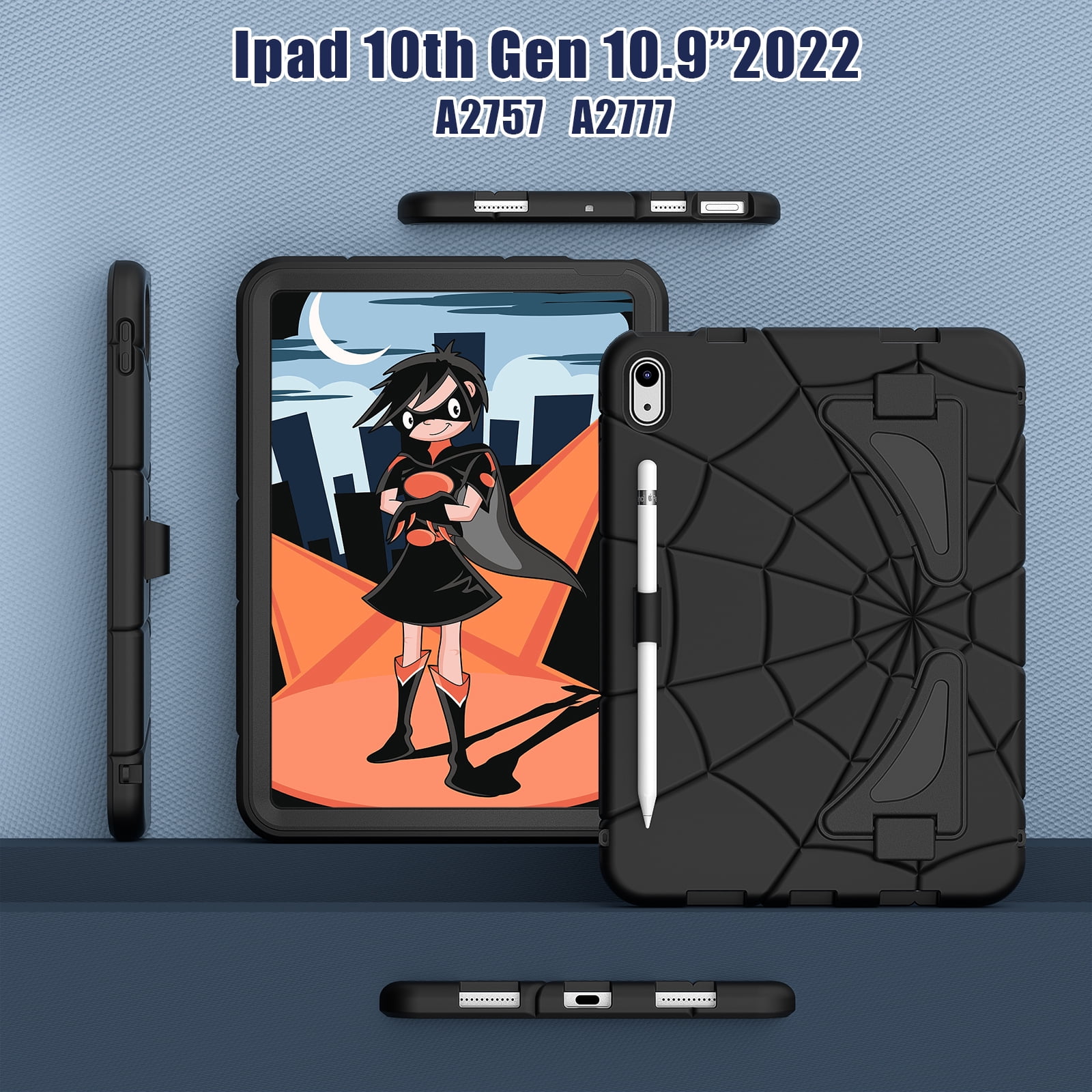 Kids Cases for iPad 10th Generation 2022,TECH CIRCLE Heavy Duty Shockproof Rugged Full Body Protective Sturdy Kickstands iPad 10.9 inch case with Pencil Holder for Kids Children Boys,Black