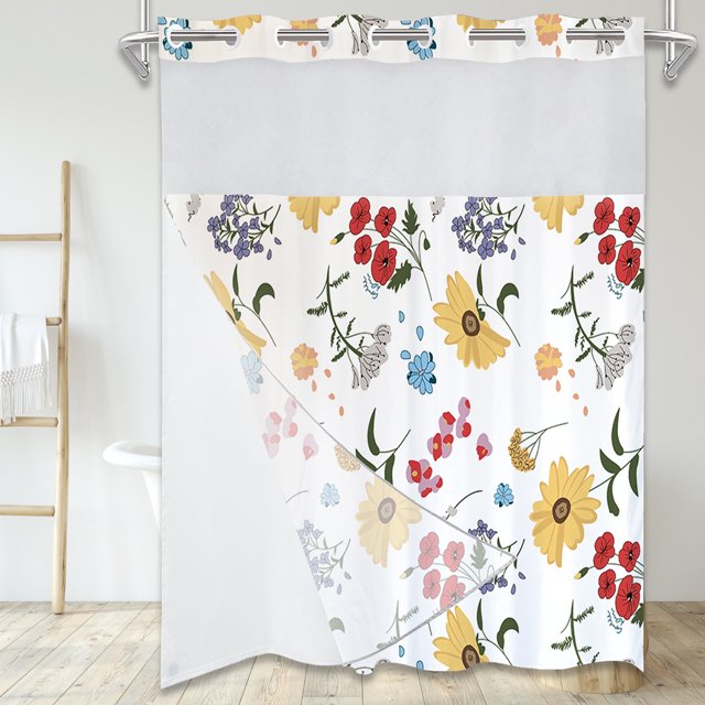 Dznils Cortina Shower de Tela Blanca sin Gancho con Forro a Presión, 72" x 74", Estampado Floral Rojo