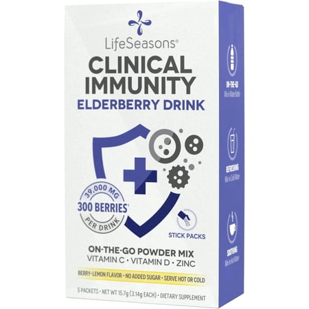 LifeSeasons Clinical Immunity - Elderberry Drink Mix - Protects & Fights for Healthy Immune Response - Immunity Booster - Serve Hot or Cold - Vitamin C + D + Zinc - (5 Pack)