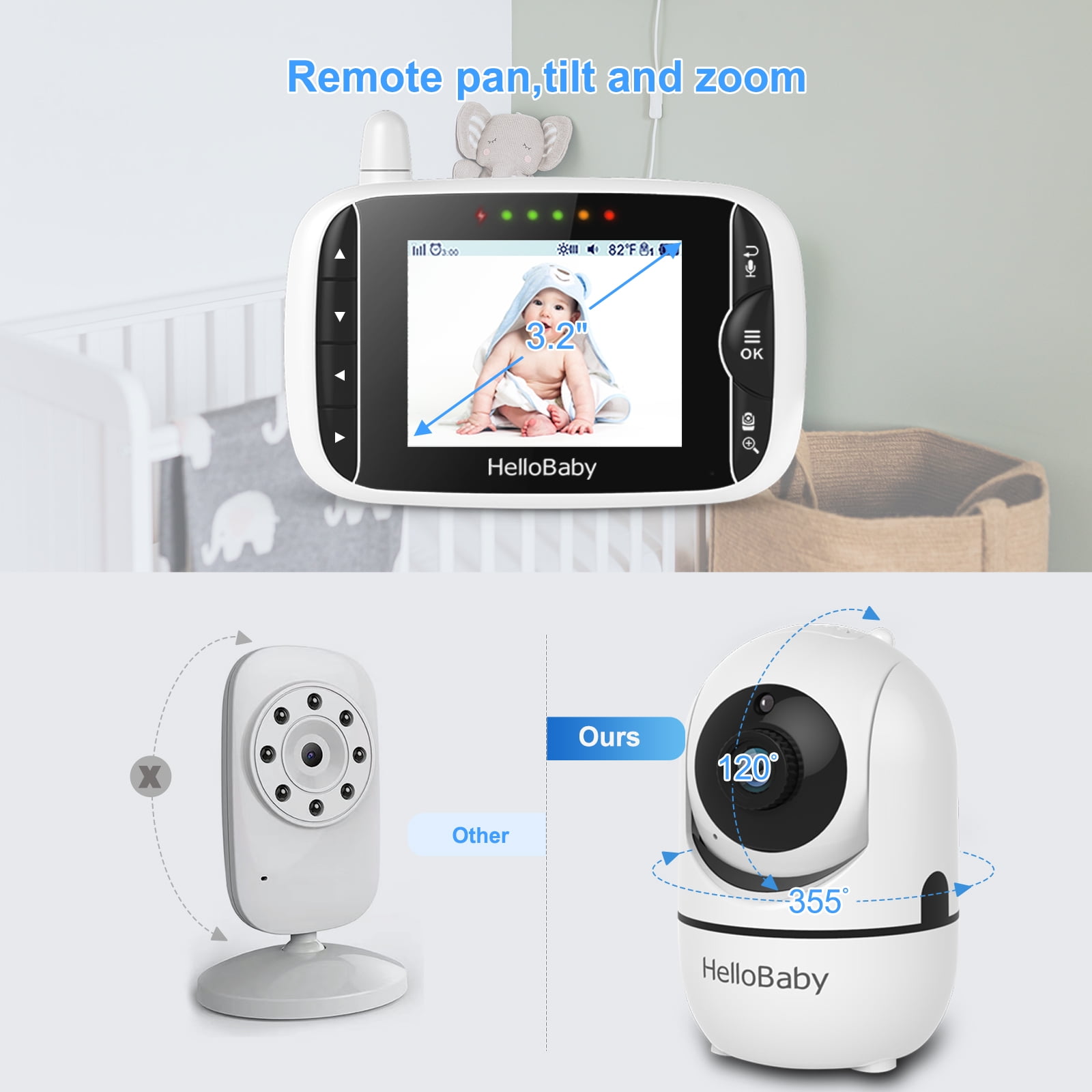 Baby Monitor with Remote Pan-Tilt-Zoom Camera,HelloBaby 3.2 inch Video Baby  Monitor HB65 with Camera and Audio, Night Vision, 2-Way Talk,Temperature  Sensor, 960ft Range 