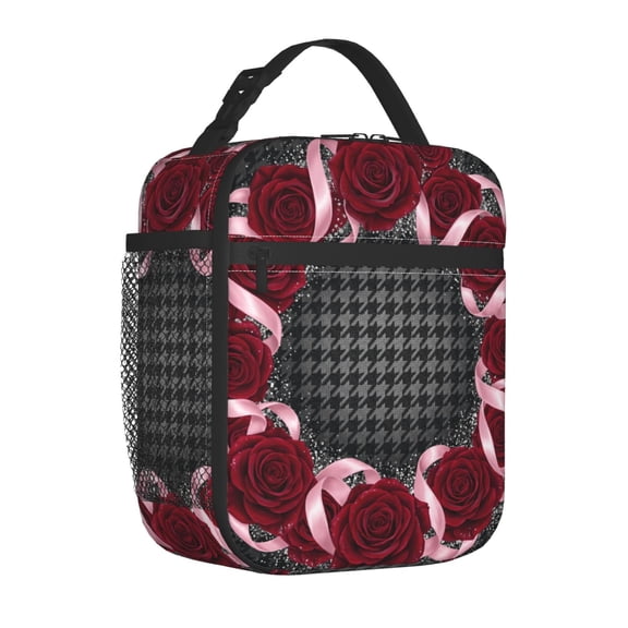 Rose Flower Lunch Box, Oil Painting Floral Design Insulated Bag, Reusable Thick Lining Thermal Bento Tote, Chic Handheld Daily Commute Food Pack for Adults