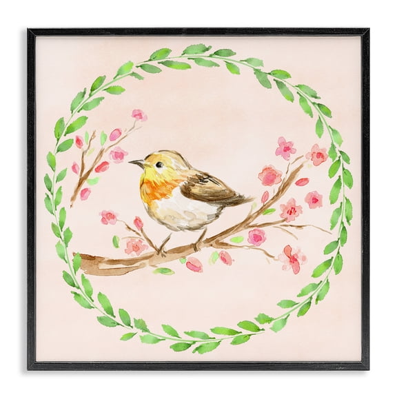 Spring Wreaths Bird Black Framed Giclee Art, design by Elena Fay