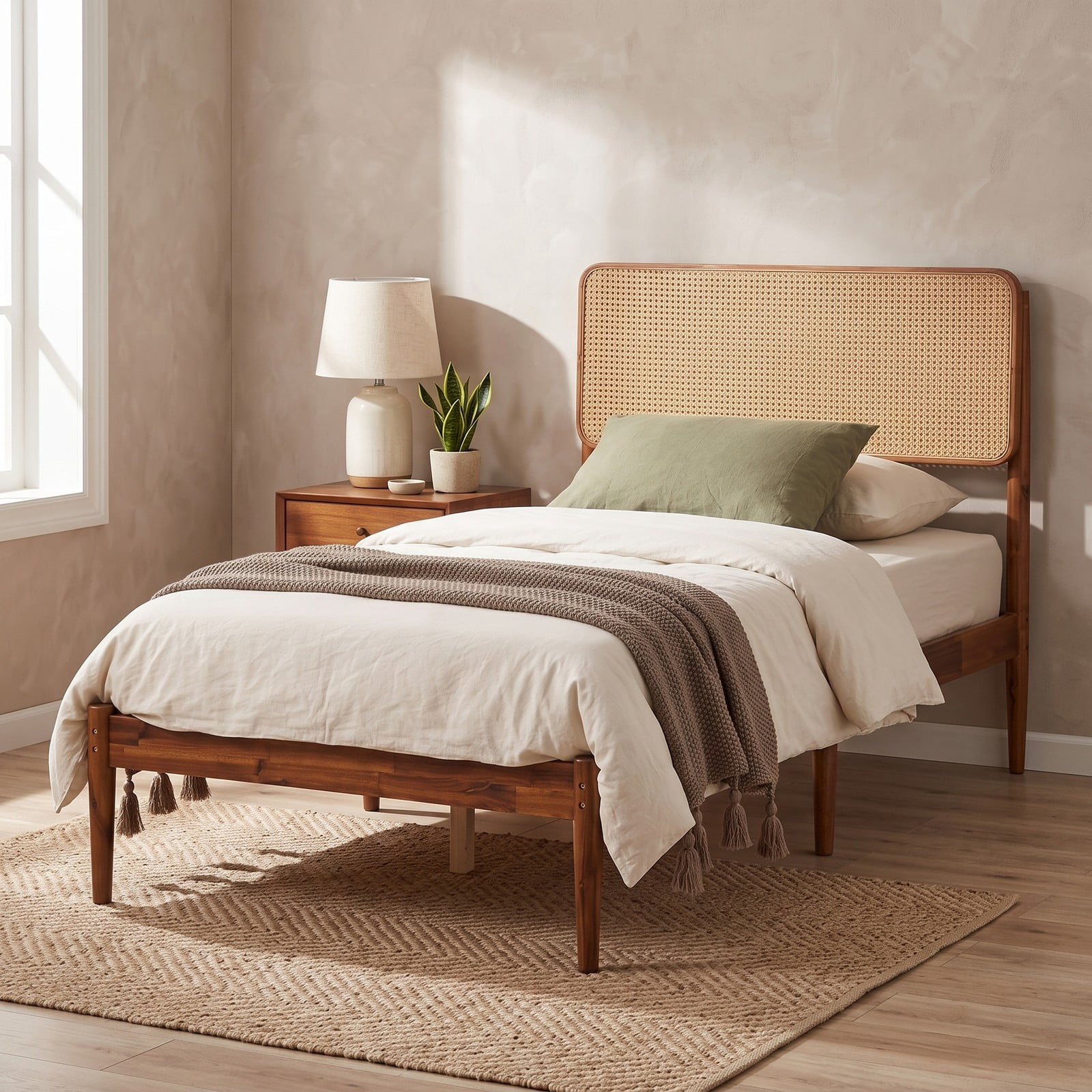 Furnibear Twin Bed Frame with Storage, Boho Rattan Wood Platform Bed with Acacia Wood Slat Support and Woven Headboard, No Box Spring Needed, Brown