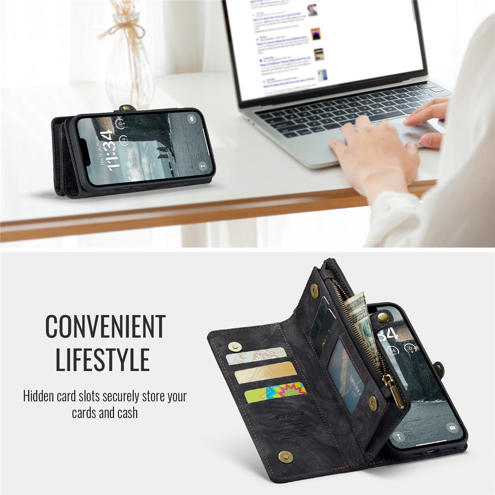 CaseMe Leather Case for iPhone 16e,2 in 1 Detachable Wallet Case with 8-Card Holder Zipper Bills Slot,Magnetic Shockproof Flip Leather Cover Zipper Pocket Phone Cases,Black,For iPhone 16e