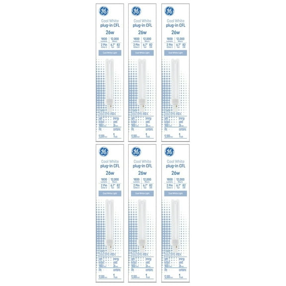 (6 Bulbs) Bright Cool White 26 watt Plug-in CFL G24d-3 Base, 6.7 inch, F26DX, 4100K Cool White Compact Fluorescent CFL Light Bulb