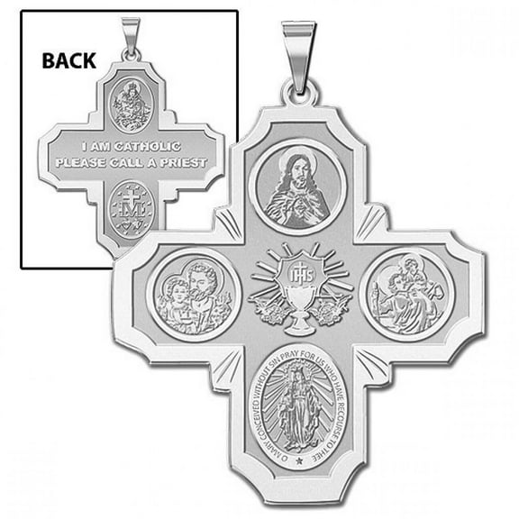 Communion Four Way Religious Medal  - 3/4 Inch X 3/4 Inch - Sterling Silver