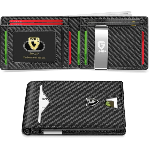 Mens Slim Wallet for Men Mimalist Genue Leather Carbon Fiber Rfid Blockg Bifold Credit Card Holder With Gift Box (Carbon-money clip)