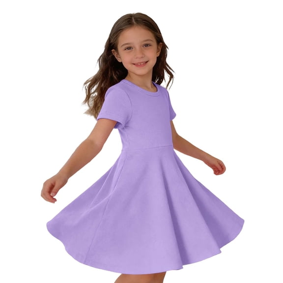 lnmuld Girls' Short Sleeve Rib Knit Solid Color Dress Toddler Kids Summer Casual Party Comfortable Outfit Color:Purple,Size:6-7 Years