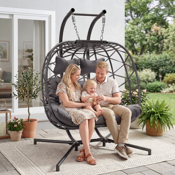 RADIATA Double Wicker Egg Swing Chair with Stand, 2-Person Hanging Egg Chair for Indoor/Outdoor, 670lbs Capacity, Thick Cushions & Headrest,Sturdy Metal Frame，Dark Gray