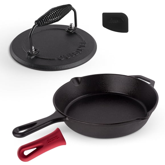 Juego de utensilios de cocina Cuisinel: sartén de hierro fundido, prensa para asar y raspador
