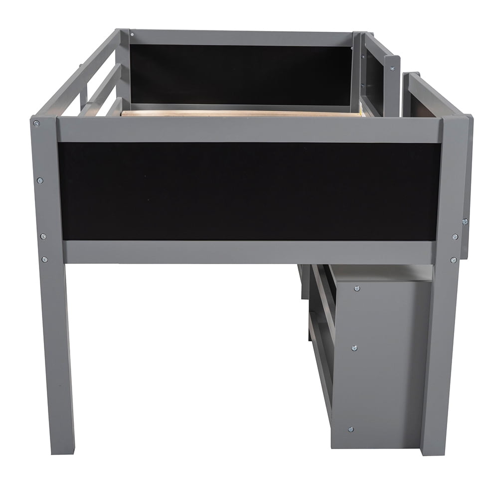 Kadyn Twin Size Low Loft Bed with Two Movable Shelves and Ladder,with Decorative Guardrail Chalkboard,Gray