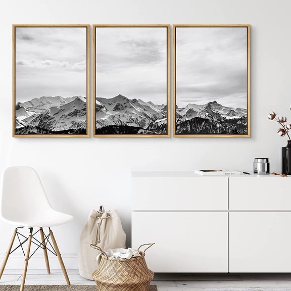 PixonSign Canvas Print Wall Art Set Mountain Ranges Under Bright White Sky Nature Wilderness Realism Southwest Landscape Ultra Black and White for Living Room, Bedroom, Office - 16"x24"x3 Natural