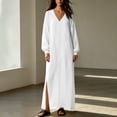 thumbnail image 6 of Maxi Dress for Women Solid Color Cotton Linen Long Sleeve Side Slit Loose Dress for Casual & Party Wear, 6 of 7