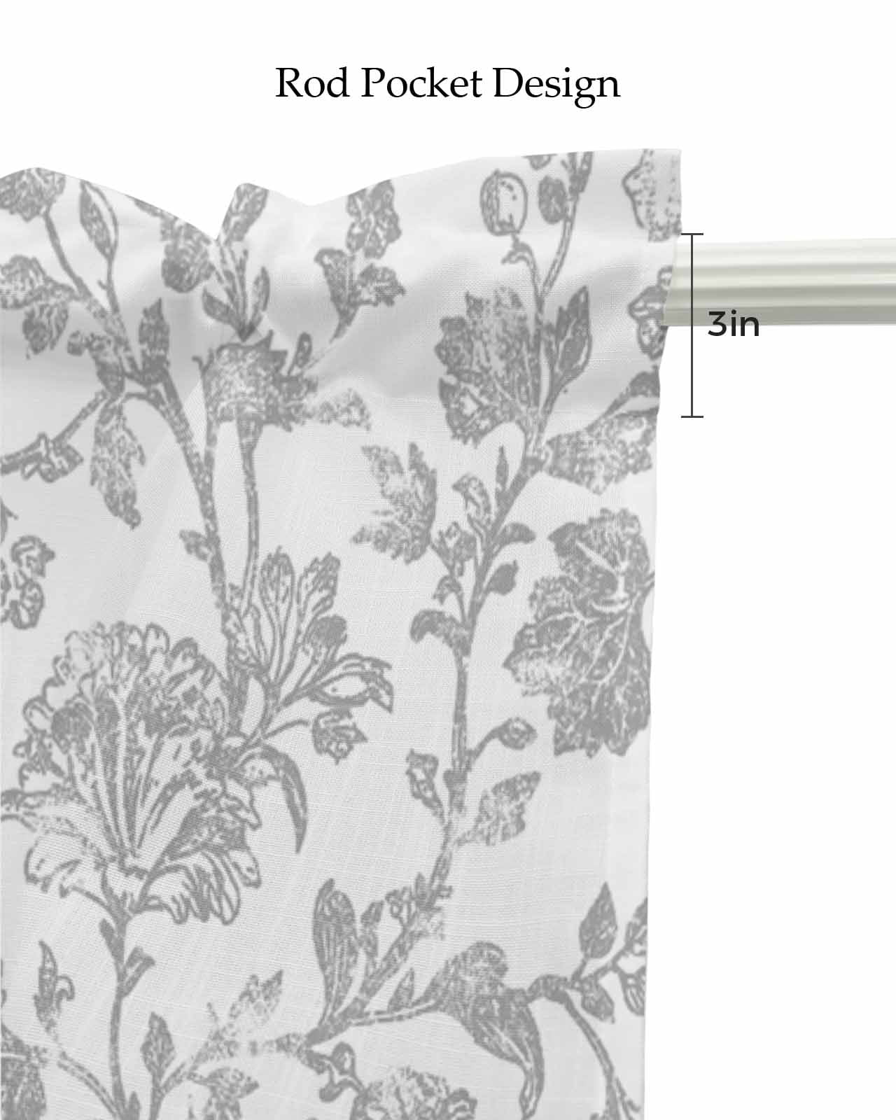 Boho Gray Flower Kitchen Valances for Windows Farmhouse Linen Window Valance Curtain for Living Room Window Treatment Vintage Farmhouse Leaf Spring Plant Valance Rod Pocket Topper Drape, 42 x 18 Inch