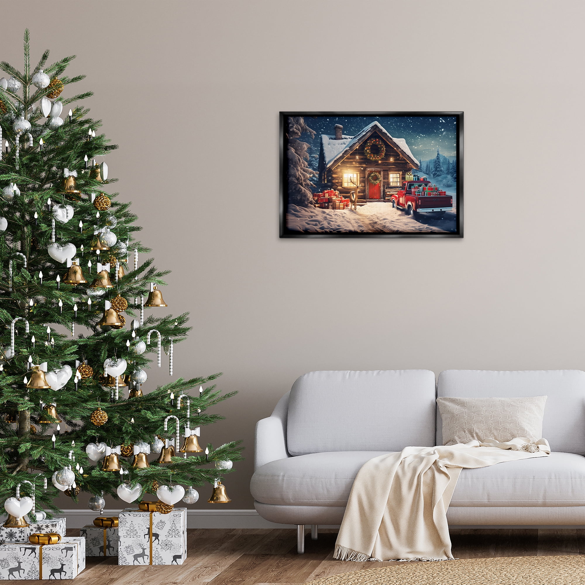 Stupell Industries Woodsy Holiday Cabin Holiday Painting Black Floater Framed Canvas Art Prints Wall Art, 31 x 21