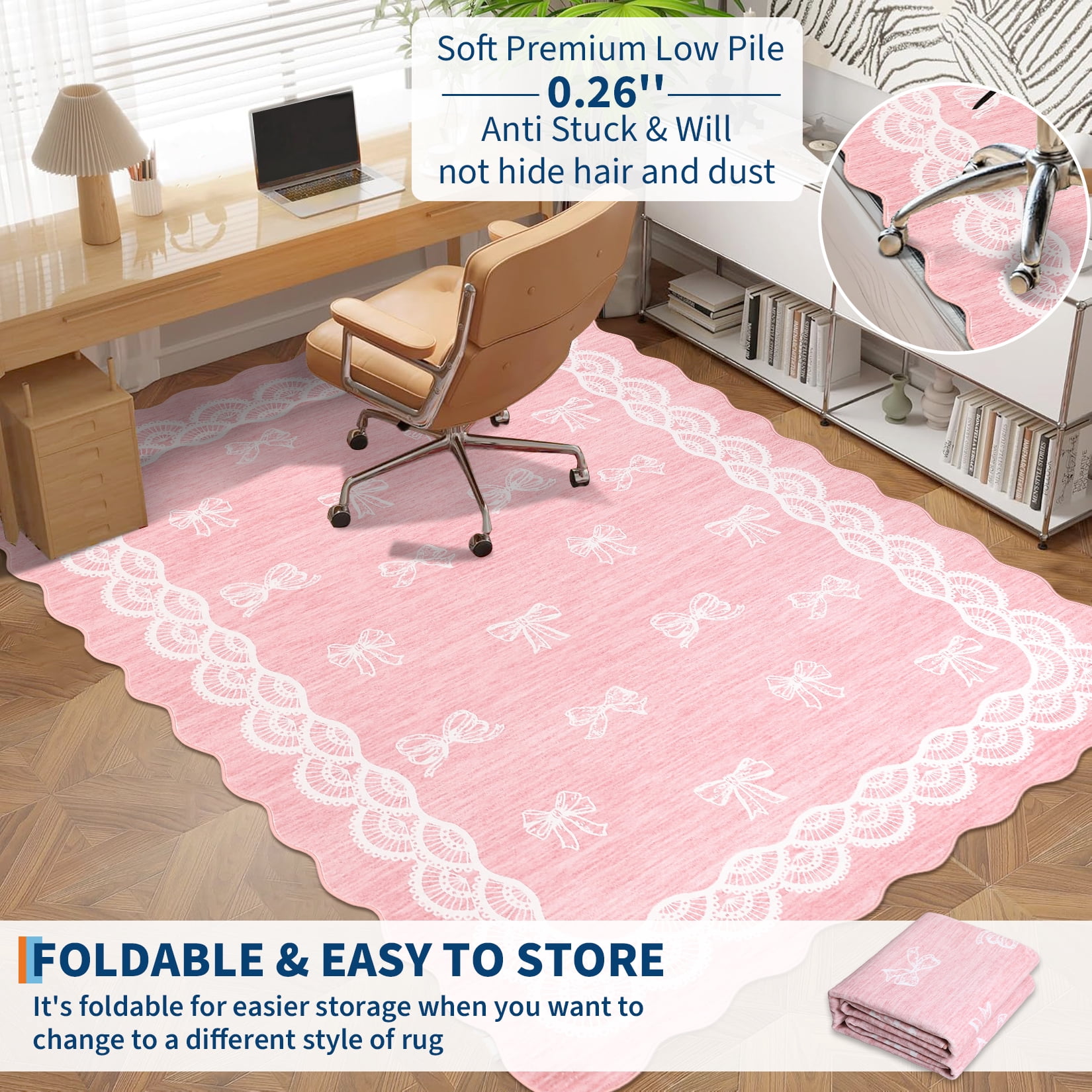 Garvee 9x12 Wave Border Area Rug Coquette Bow Pattern Carpet, Machine Washable Low Pile Rug with Non-Slip Backing for Living Room Bedroom Home Office, Pink