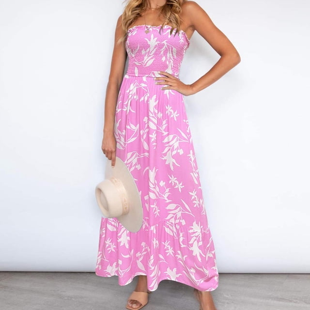 SMihono Robe Maxi Bohème d'Été pour Femmes Grande Taille Robe Longue Imprimée Florale Bohème Sans Bretelles pour Fête Robe de Plage